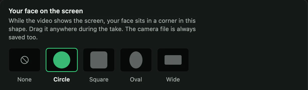 Settings, In the video: Your face on the screen, with the shapes None, Circle, Square, Oval and Wide, and Circle picked