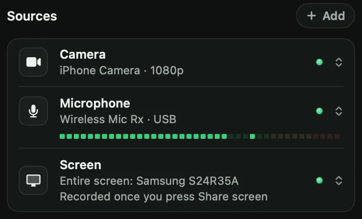 Vidlark's Sources list when everything is allowed: Camera, Microphone with a moving level meter, and Screen, each with a green lamp