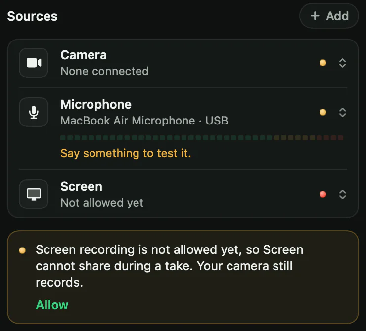 Vidlark's Sources list before the screen is allowed. Screen says Not allowed yet with a red lamp, and a note says: Screen recording is not allowed yet, so Screen cannot share during a take. Your camera still records. Allow.