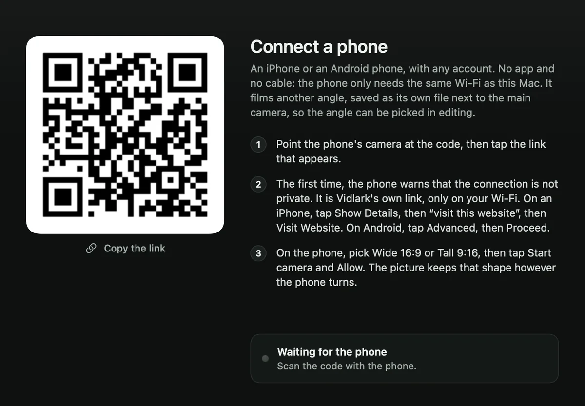 The Connect a phone window: a QR code, Copy the link, three numbered steps, and Waiting for the phone