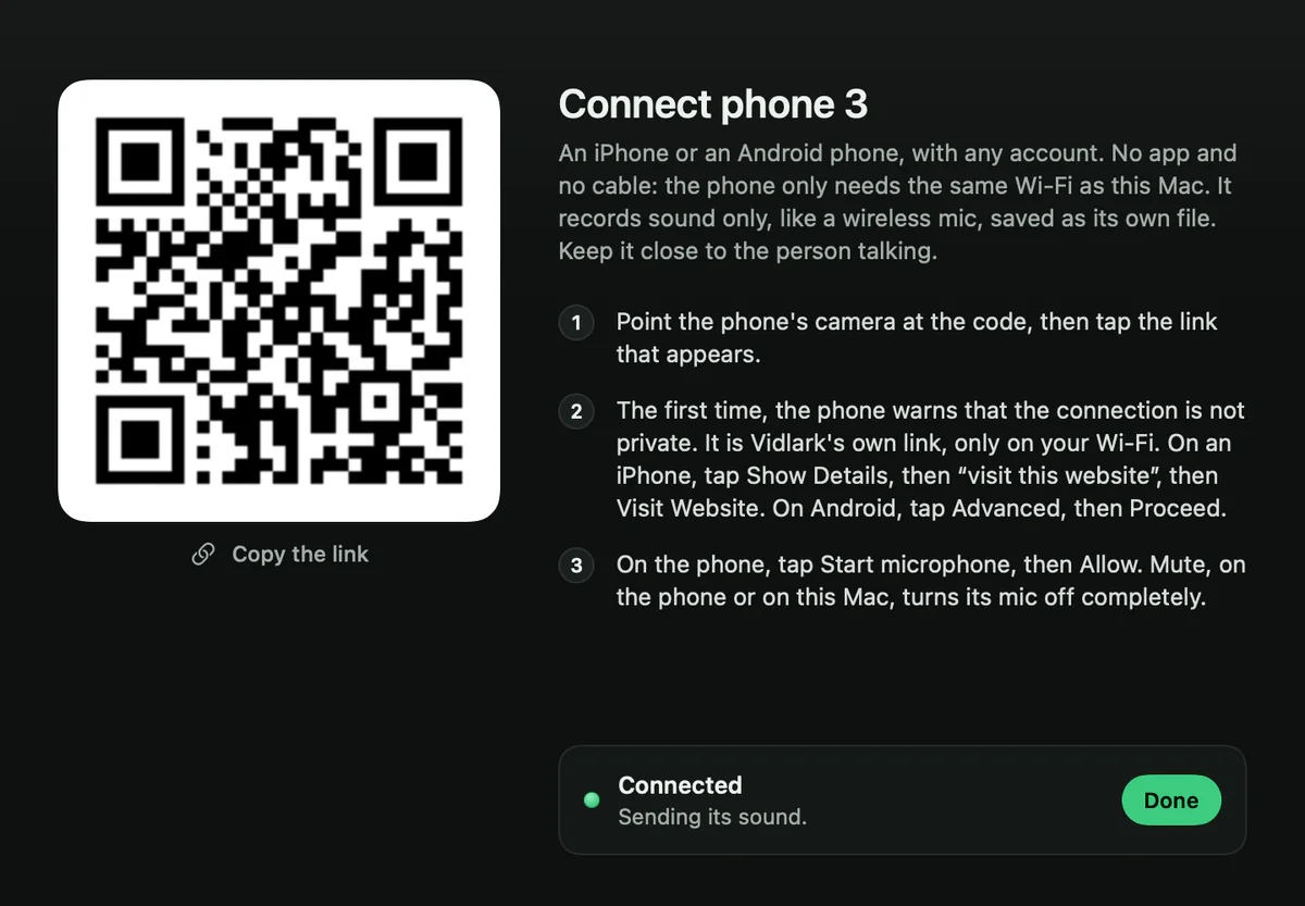 The Connect phone 3 window for a phone microphone: a QR code, three steps, and Connected, Sending its sound