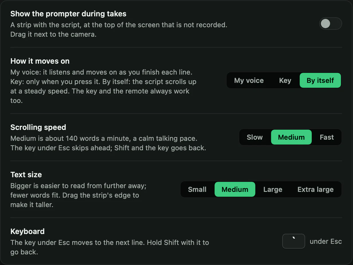 Settings, Prompter and remote: Show the prompter during takes, How it moves on with My voice, Key and By itself, Scrolling speed, Text size, and Keyboard
