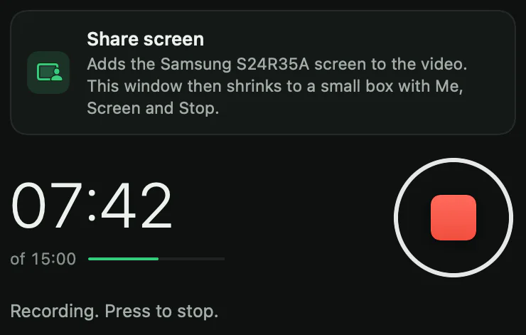 The bottom of the panel during a take: a Share screen button, the time 07:42, the stop button and the words Recording. Press to stop.