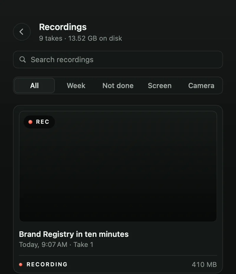 The Recordings page: a search box, filters, and takes with a picture, a title, the date and take number, Recording or Finished, and the size