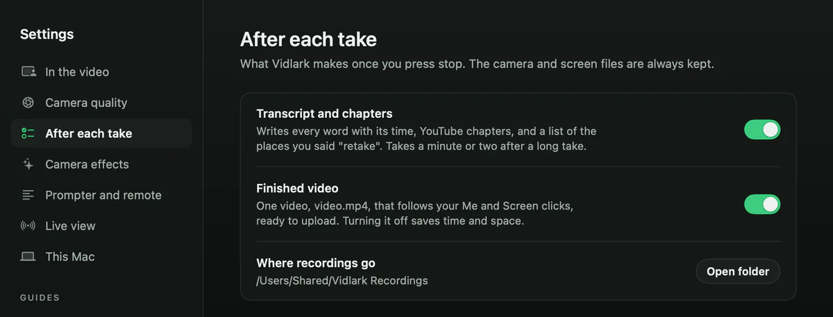 The Settings window: a list of pages on the left, and After each take on the right with Transcript and chapters, Finished video, and Where recordings go with an Open folder button