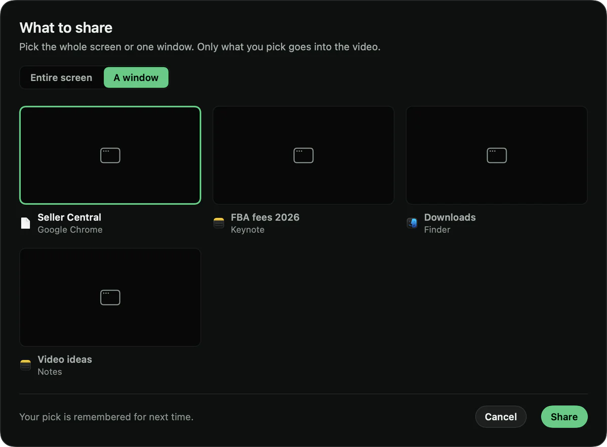 The What to share window: Entire screen and A window at the top, pictures of four open windows with the first one picked, and Cancel and Share buttons
