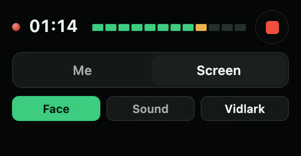 The recording box on Windows: a red dot, the time 01:14, a level meter, the stop button, Me and Screen with Screen picked, and Face, Sound and Vidlark buttons