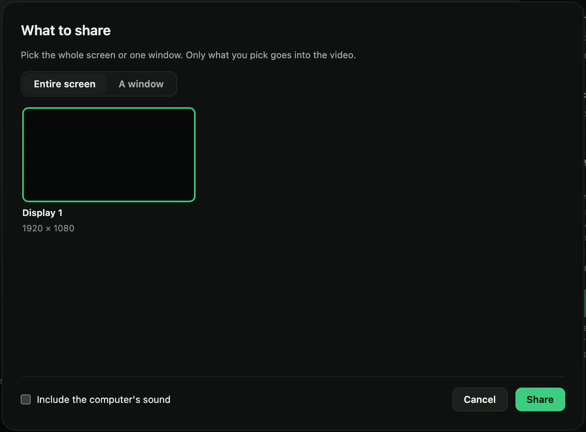 The What to share window on Windows: Entire screen and A window, one screen called Display 1 picked, Include the computer's sound, and Cancel and Share