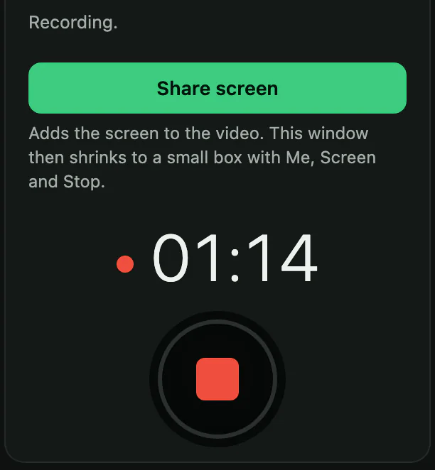 The bottom of the Sources side during a take on Windows: Recording, a green Share screen button with a note under it, the time 01:14 with a red dot, and the stop button