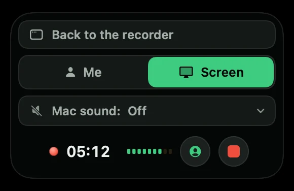 The recording box: Back to the recorder, Me and Screen, Mac sound, the time, the mic level and the stop button