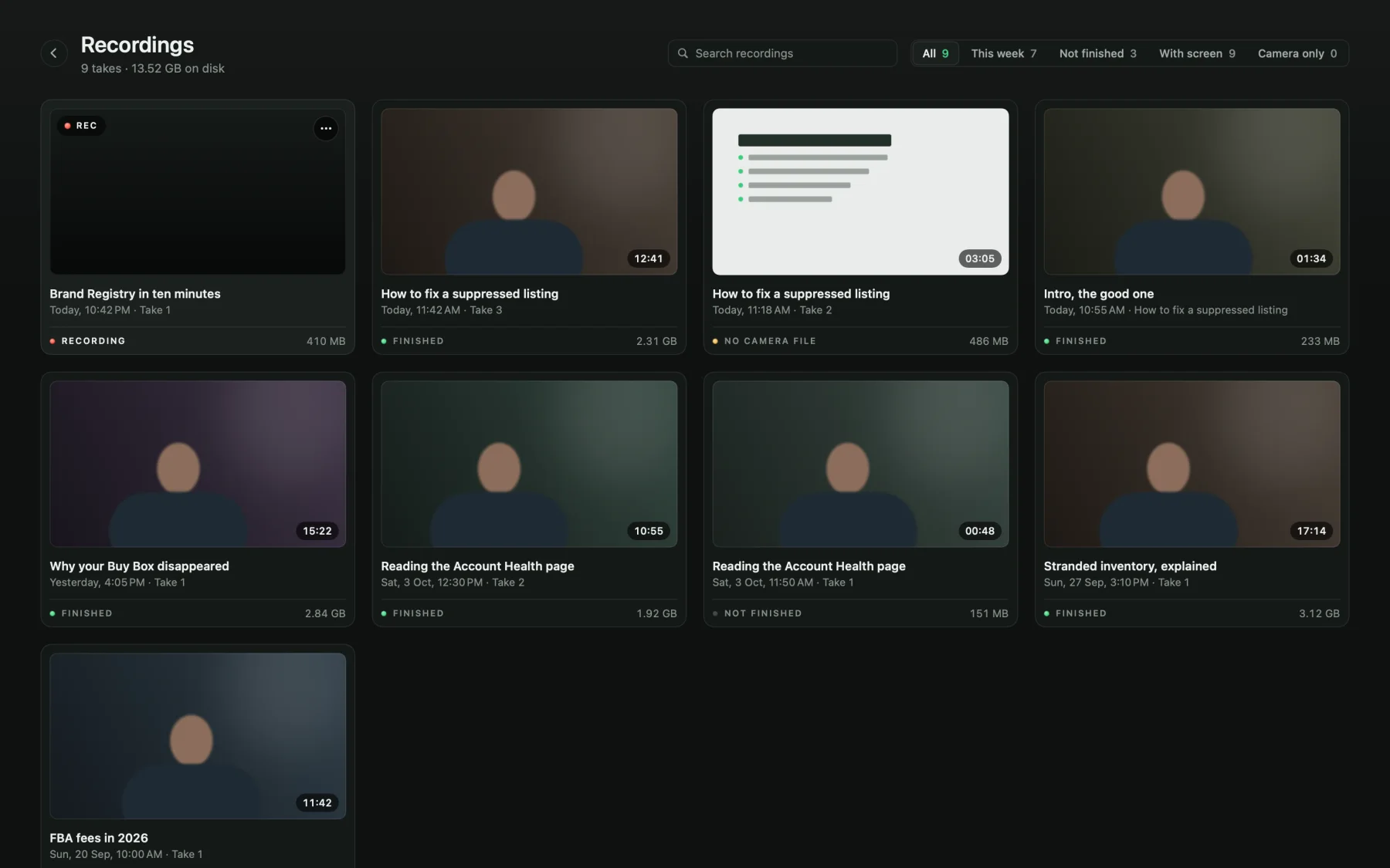 The Recordings page: a grid of takes with pictures, titles, dates and sizes, with search and filters