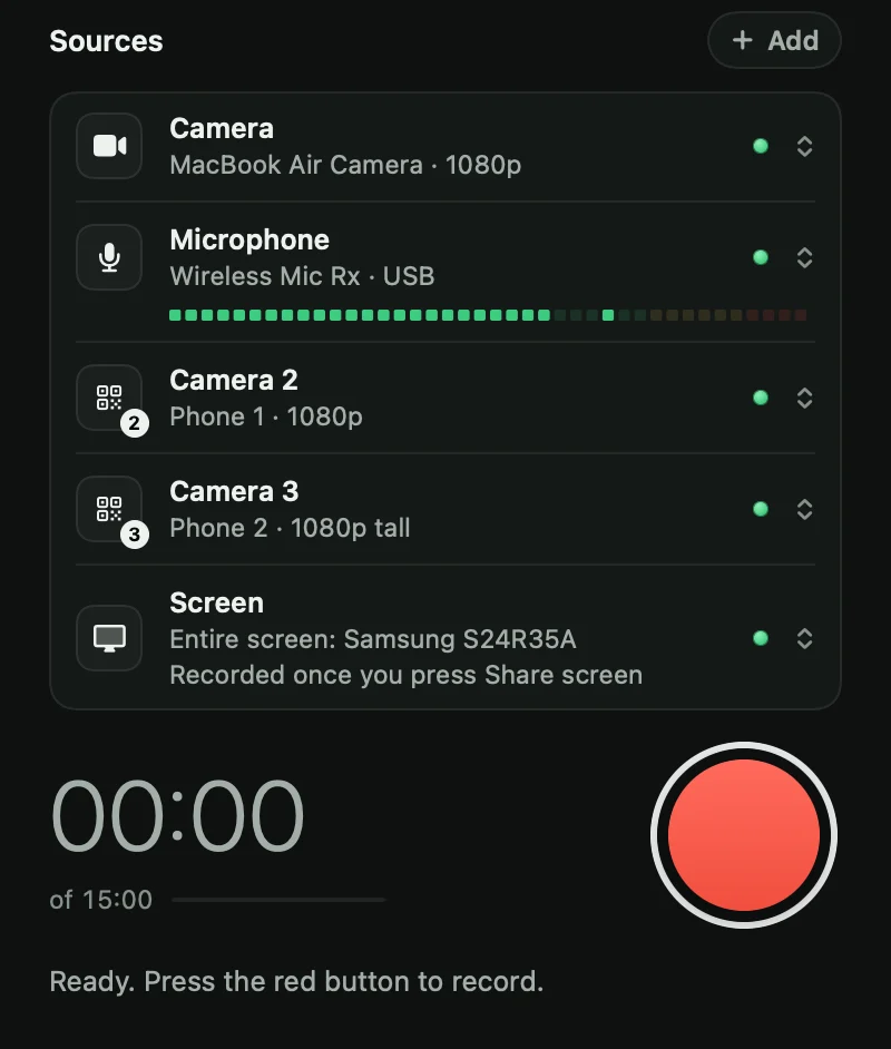 The Vidlark Sources list with the Mac's camera, Camera 2 and Camera 3 from two phones (one 1080p, one 1080p tall), a wireless mic and the screen, above the record button