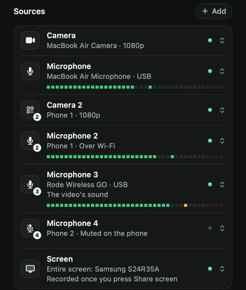 The app's Sources list with a camera, a phone, and four microphones, each with its own level meter